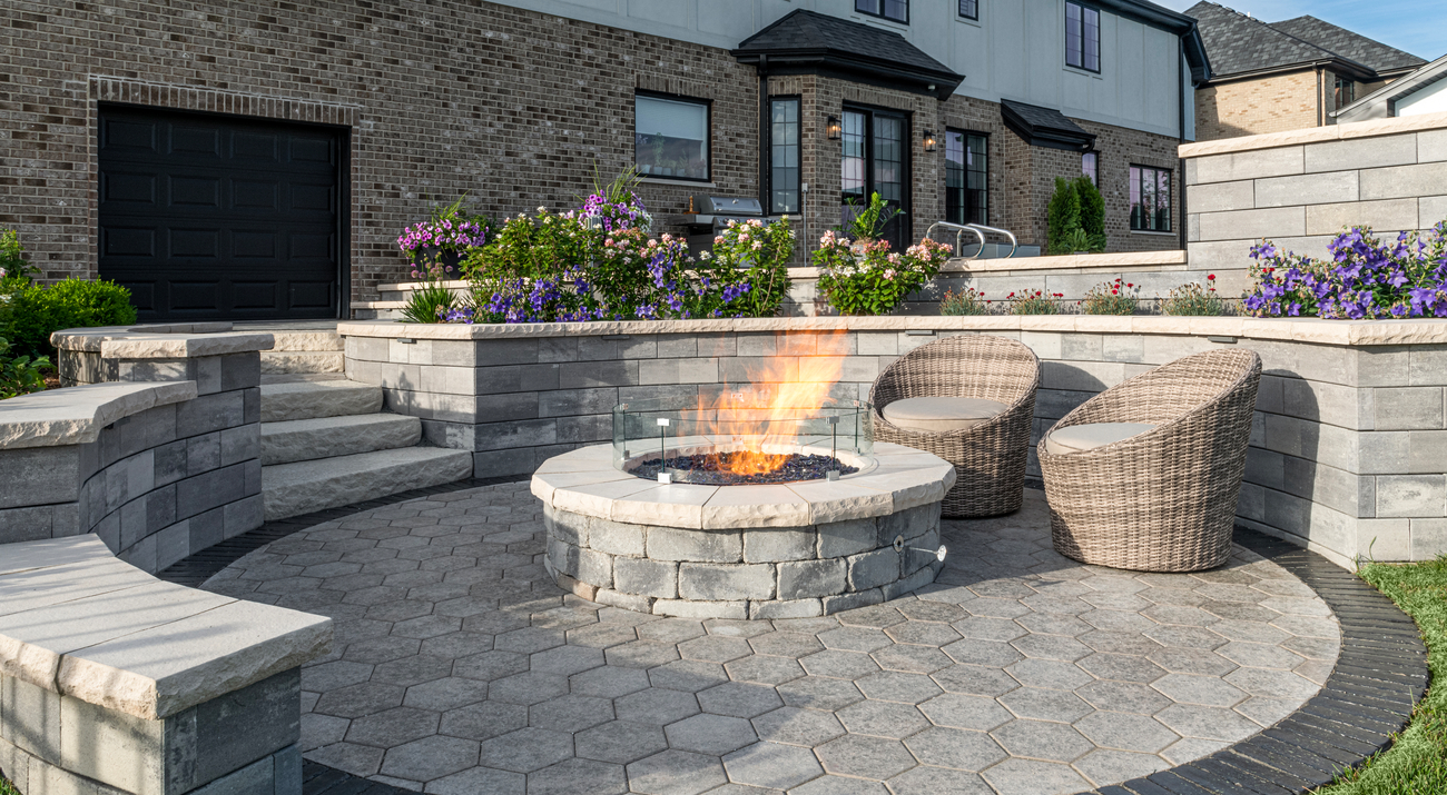 Cozy outdoor patio features circular fire pit, comfortable wicker chairs, and blooming garden beds.